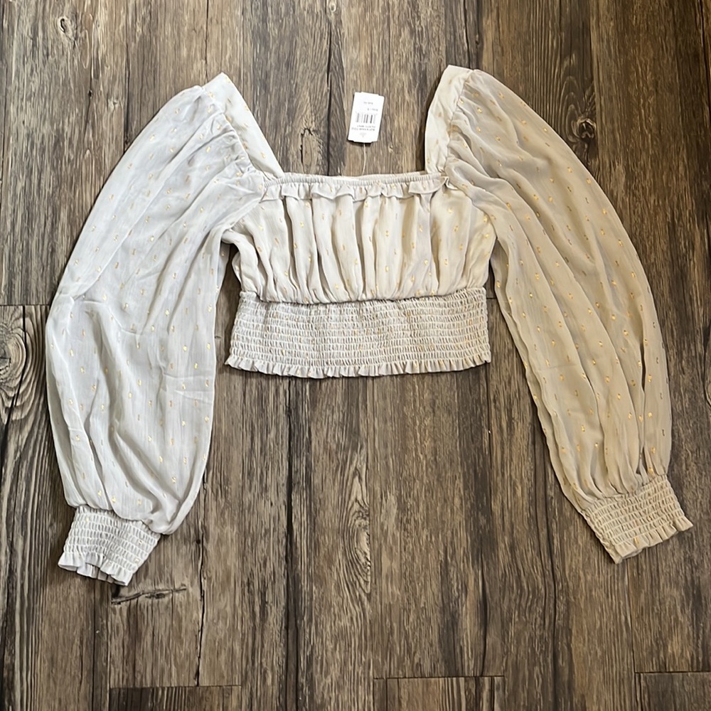 Blu Pepper Square Neck Smocked Blouse Gray with Gold Long Sheer Sleeves